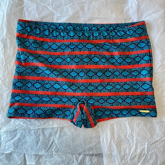 Vibrant Blue and Deep Orange Patterned Squarecut Swim Trunks - Picture 1 of 5